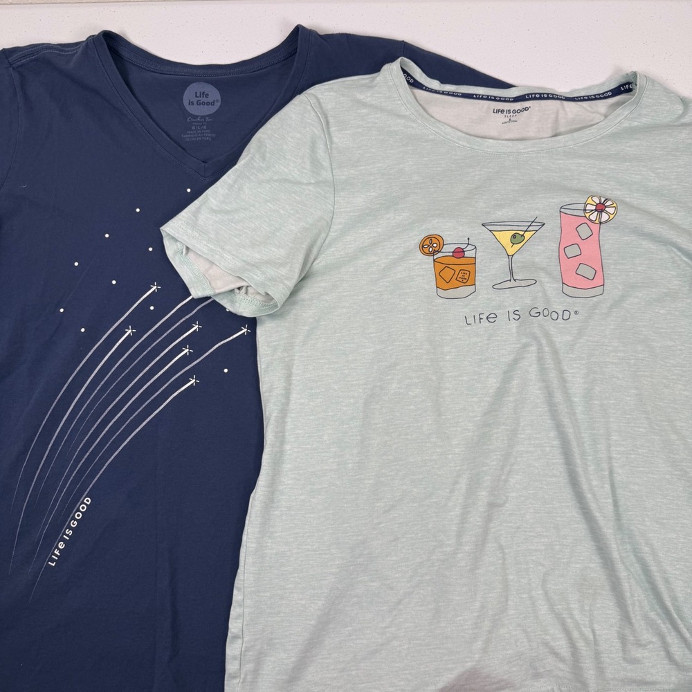 (Lot of2) Womens Life is Good Crusher Tees Lg Blue V-Neck Sleep Graphic T-Shirts